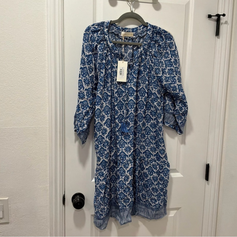 Natalie Martin Blue & White Long Sleeve Printed Midi Dress